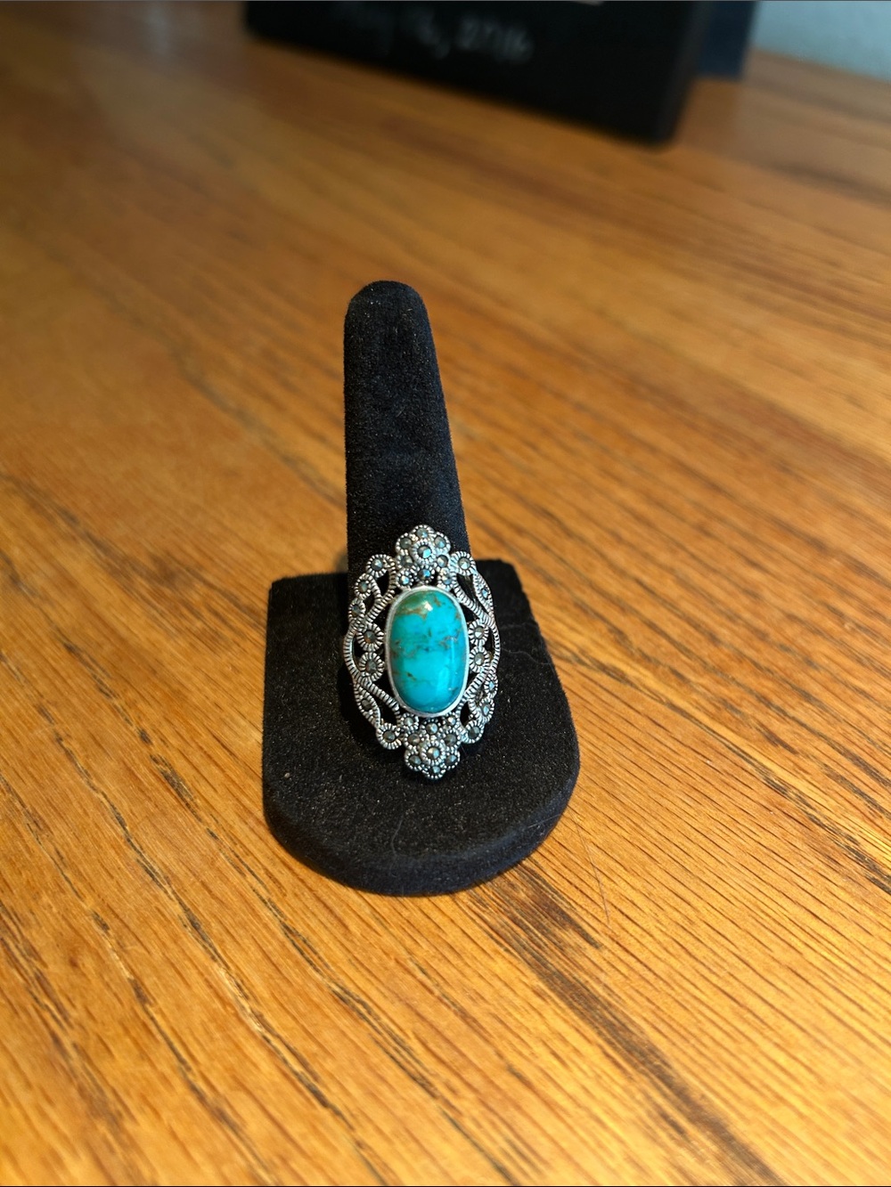 Vintage TBB 925 Thailand Turquoise Marcasite Cocktail Ring Size 9